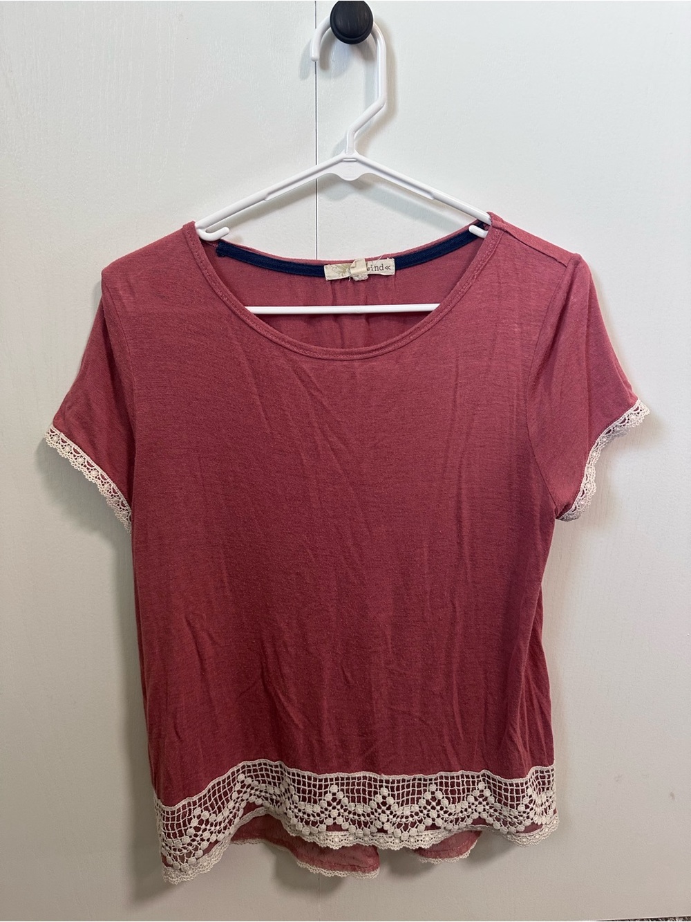 Rewind Dusty Rose Short Sleeve Top with Cream Lace Trim